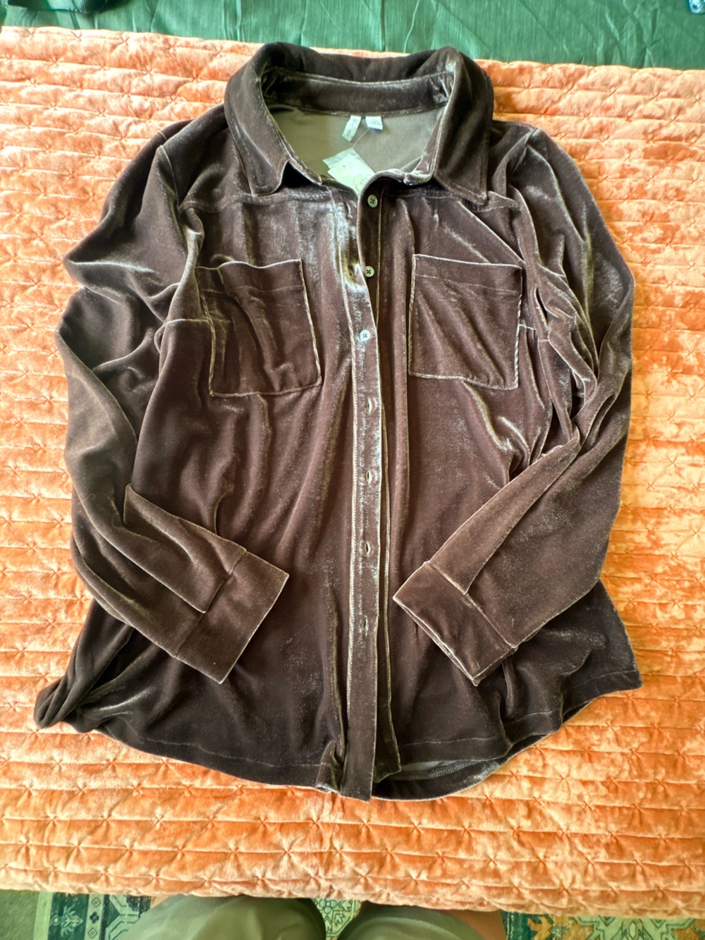 NWT Cato Brown Velvet Button-Front Shirt Jacket